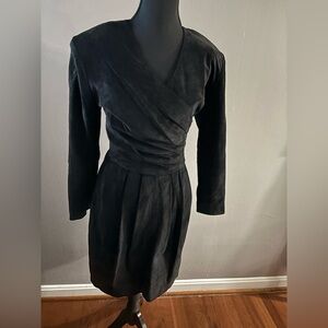 Lord & Taylor Black Vintage All Suede Pleated Long Sleeve Dress